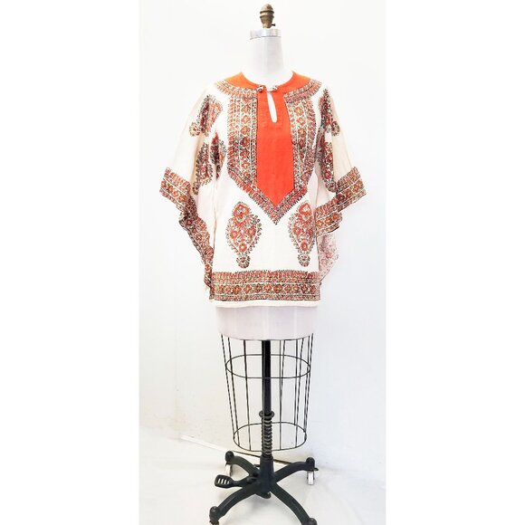 Vintage Dashiki 1970s Orange Natural Cotton Bell Sleeves Top Tunic Shirt Blouse - Picture 5 of 10